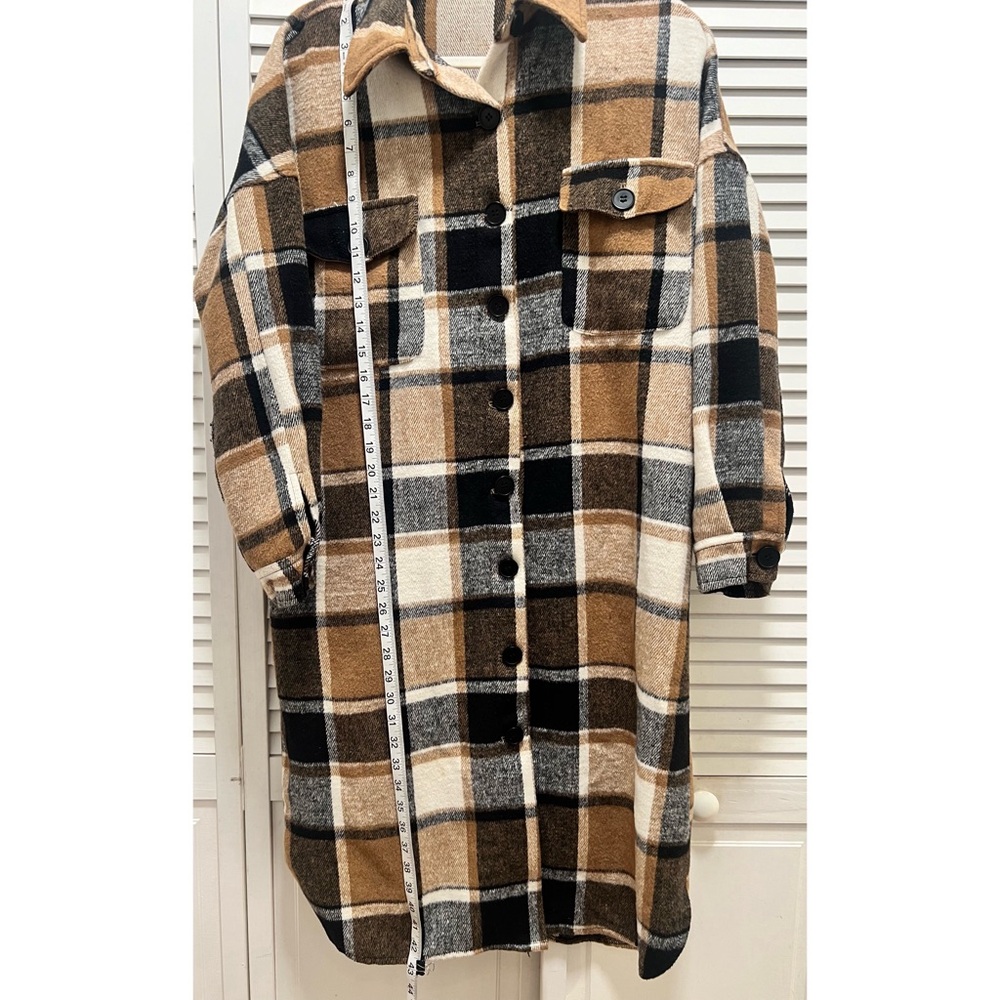 Collared Button Down Plaid Long Shacket | Brown F… - image 2